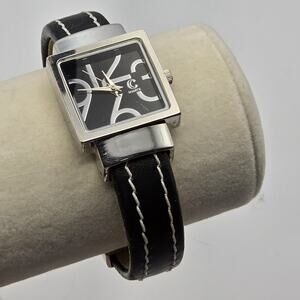 Women's Square Silver Tone Watch Black PU Leather Open Cuff Bracelet Band